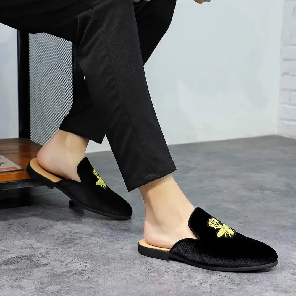FLQL Mens Shoes Luxury Velvet Gold Buckle Slip-on Penny Loafers Casual Smoking Slippers Indoor Outdoor Sandals Black Size 7-13
