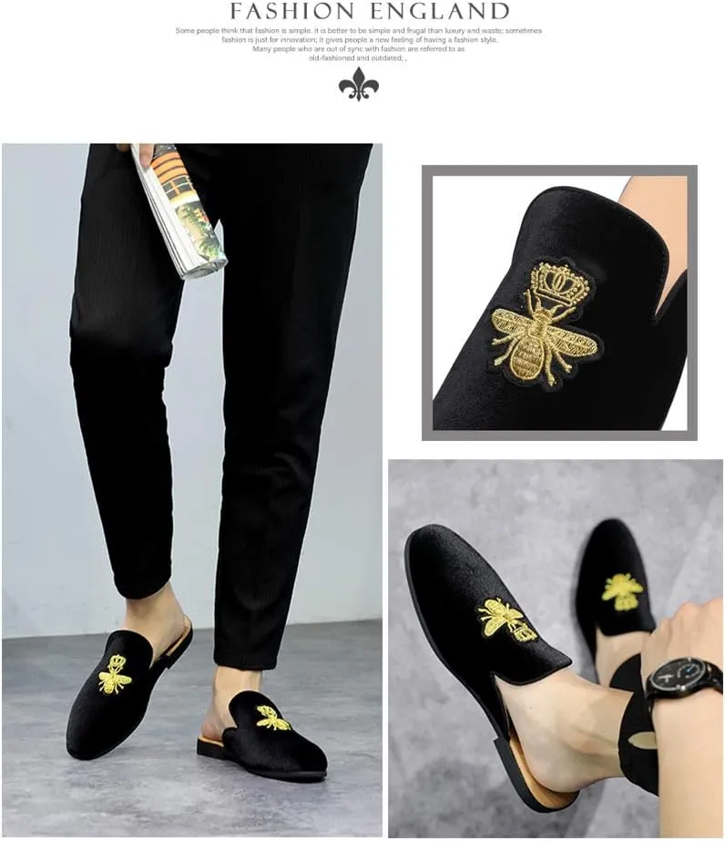 FLQL Mens Shoes Luxury Velvet Gold Buckle Slip-on Penny Loafers Casual Smoking Slippers Indoor Outdoor Sandals Black Size 7-13