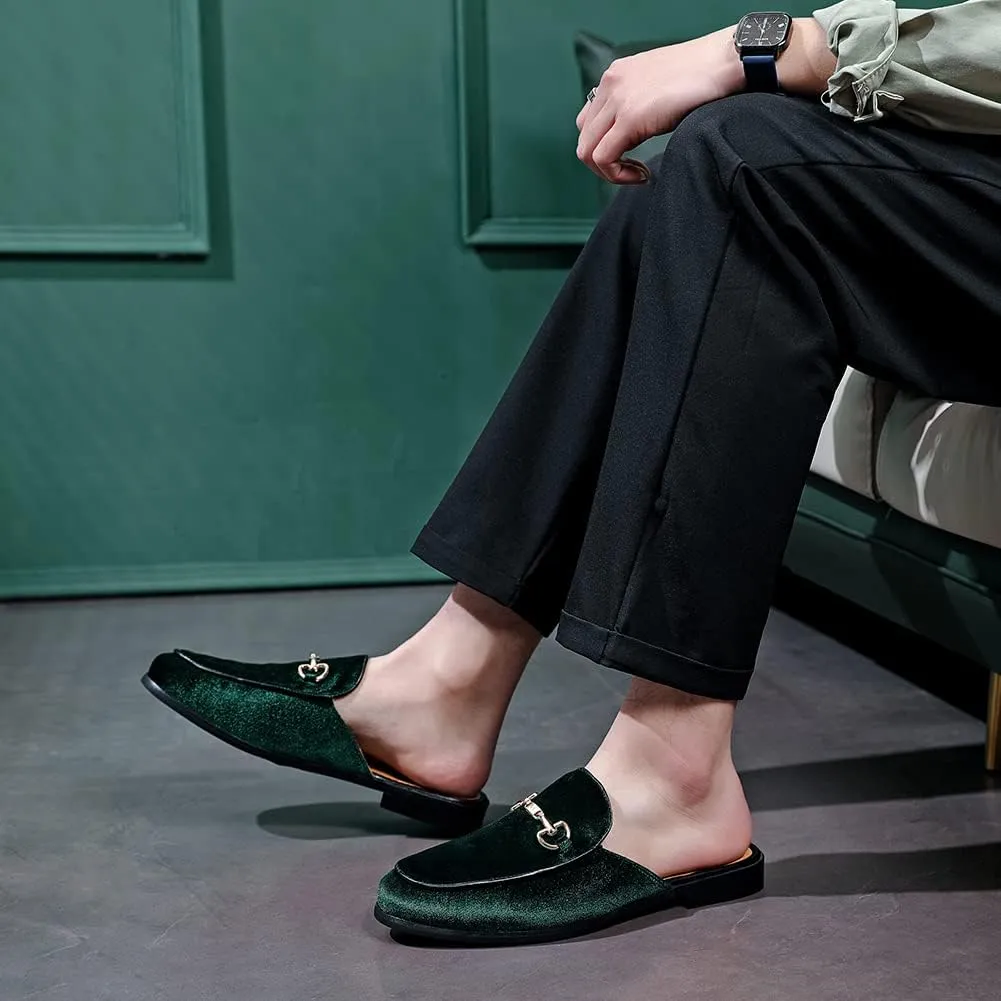 FLQL Mens Shoes Luxury Velvet Gold Buckle Slip-on Penny Loafers Casual Smoking Slippers Indoor Outdoor Sandals Black Size 7-13