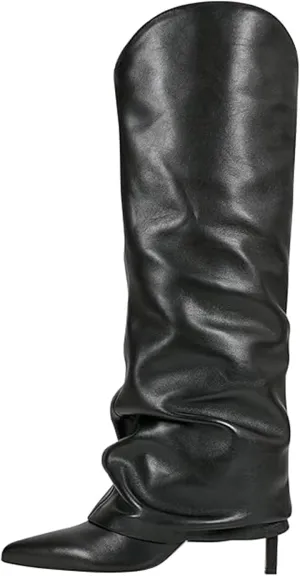 Fold Over Knee High Boots for Women - Wide Calf, Pointed Toe, Tall, Stiletto Heels, Long Boots for Fall - Pull On, Fashion, Casual, Dressy