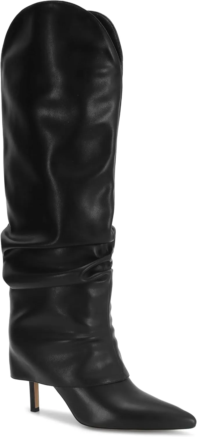 Fold Over Knee High Boots for Women - Wide Calf, Pointed Toe, Tall, Stiletto Heels, Long Boots for Fall - Pull On, Fashion, Casual, Dressy