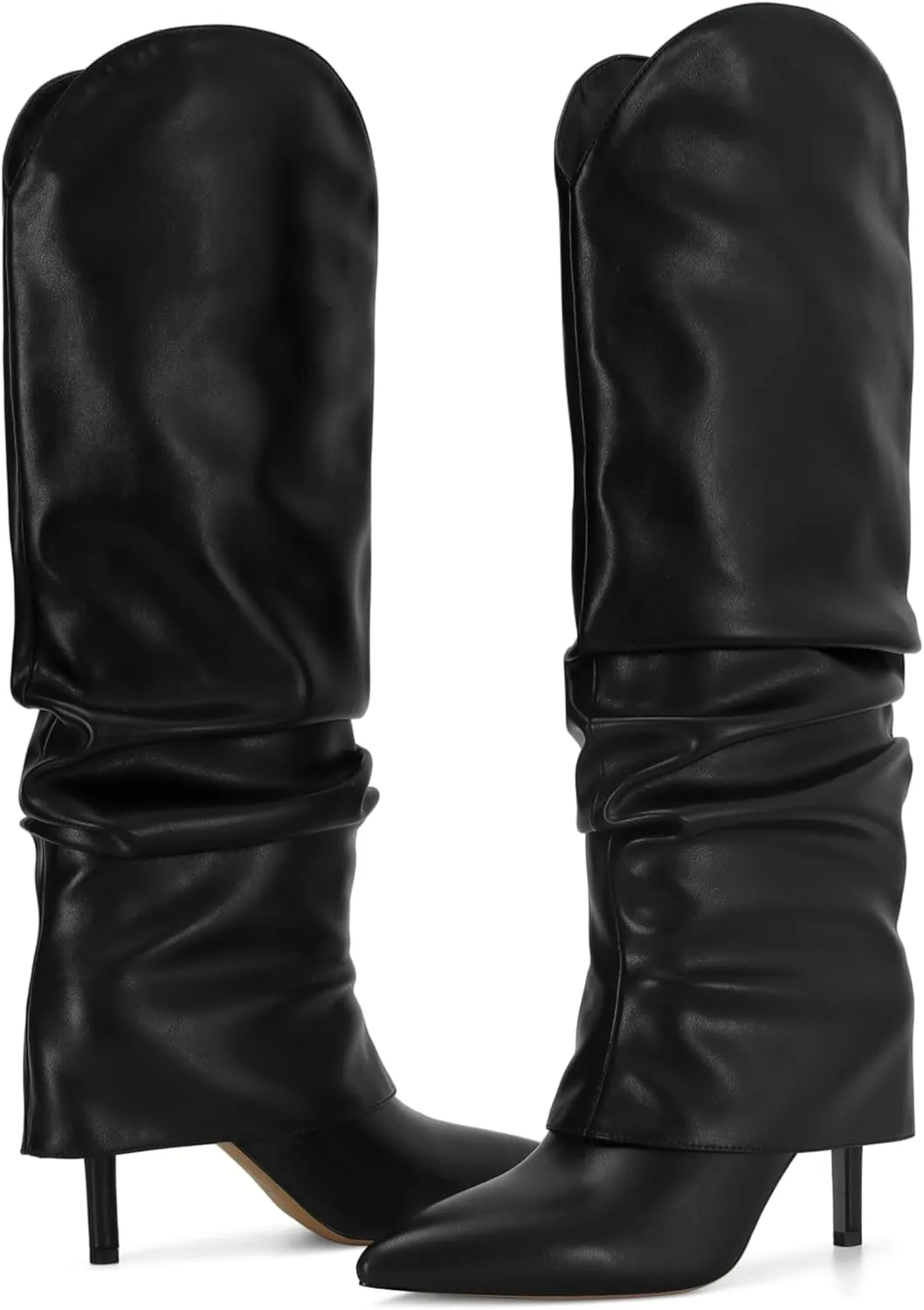 Fold Over Knee High Boots for Women - Wide Calf, Pointed Toe, Tall, Stiletto Heels, Long Boots for Fall - Pull On, Fashion, Casual, Dressy