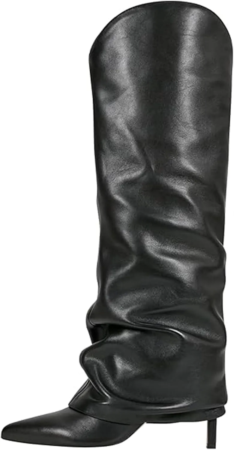 Fold Over Knee High Boots for Women - Wide Calf, Pointed Toe, Tall, Stiletto Heels, Long Boots for Fall - Pull On, Fashion, Casual, Dressy