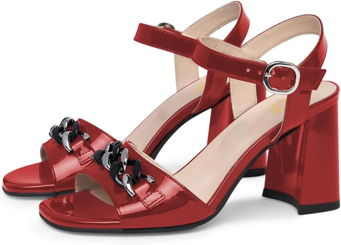 FOWT Women Chain Open Toe Ankle Strap Buckle Glossy Sandals Chunky High Heel Summer Prom Party Shoes Size 4-16 US