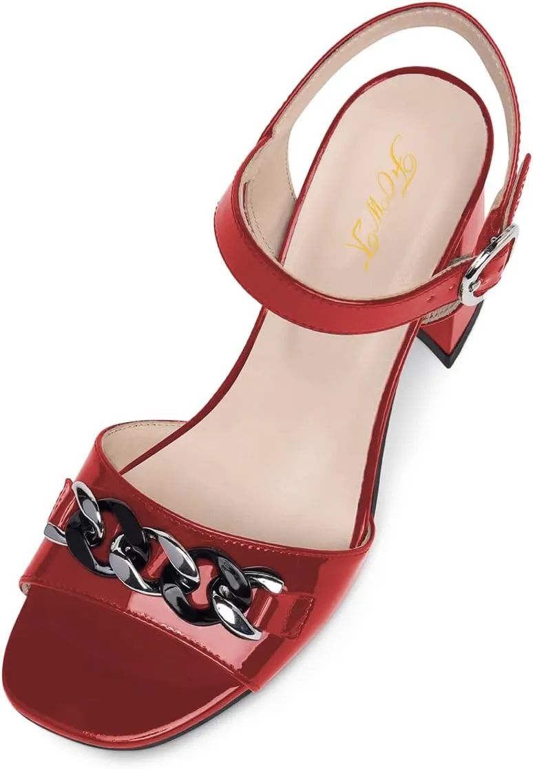 FOWT Women Chain Open Toe Ankle Strap Buckle Glossy Sandals Chunky High Heel Summer Prom Party Shoes Size 4-16 US