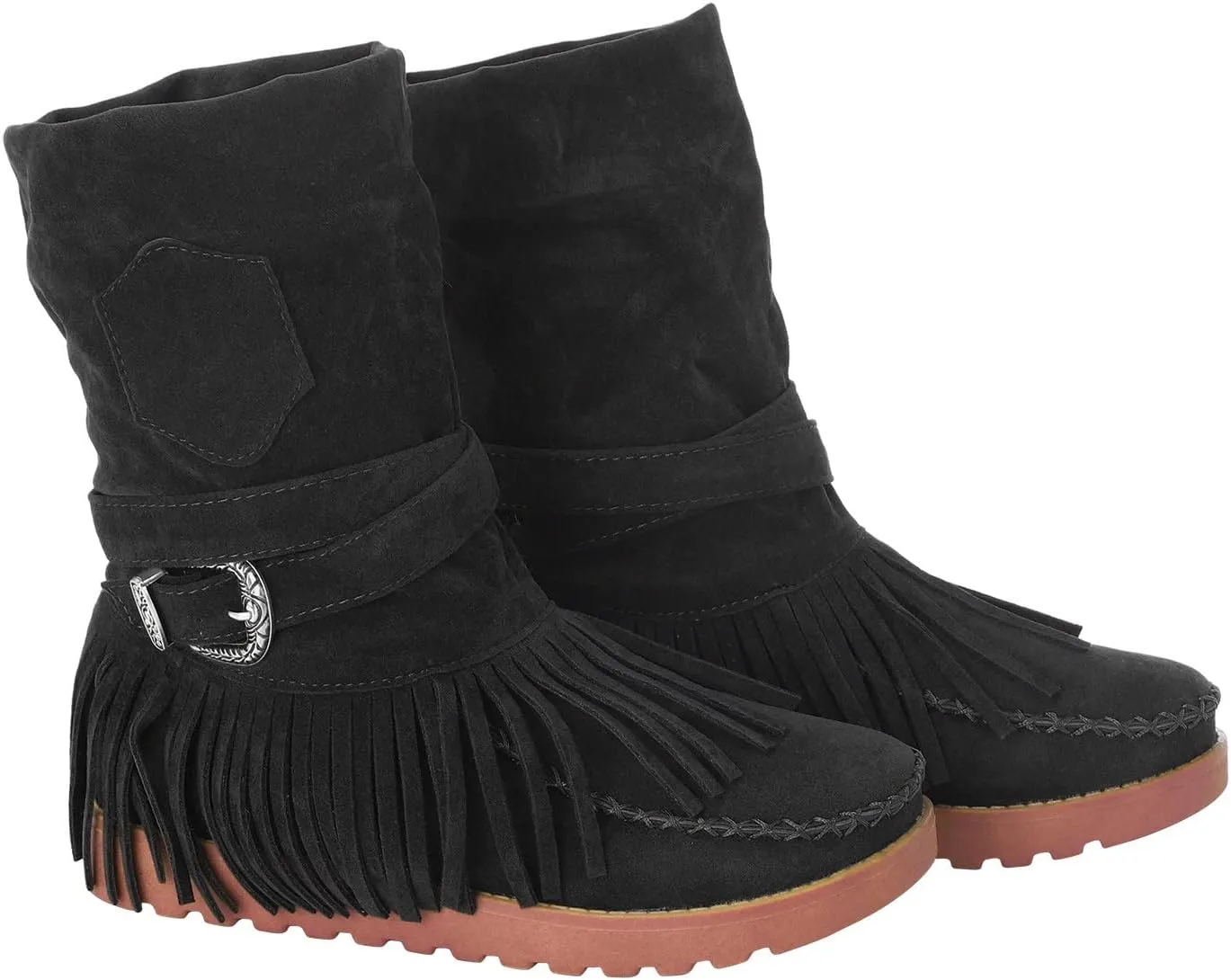 Fringe Cowboy Boots For Women Suede Ankle Boots Moccasin Boots Low Heel Slouch Boots Comfy Flat Western Shoes