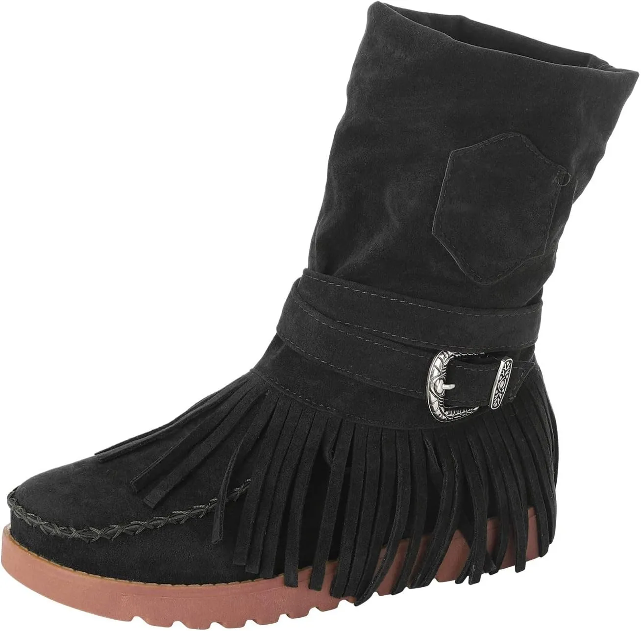 Fringe Cowboy Boots For Women Suede Ankle Boots Moccasin Boots Low Heel Slouch Boots Comfy Flat Western Shoes