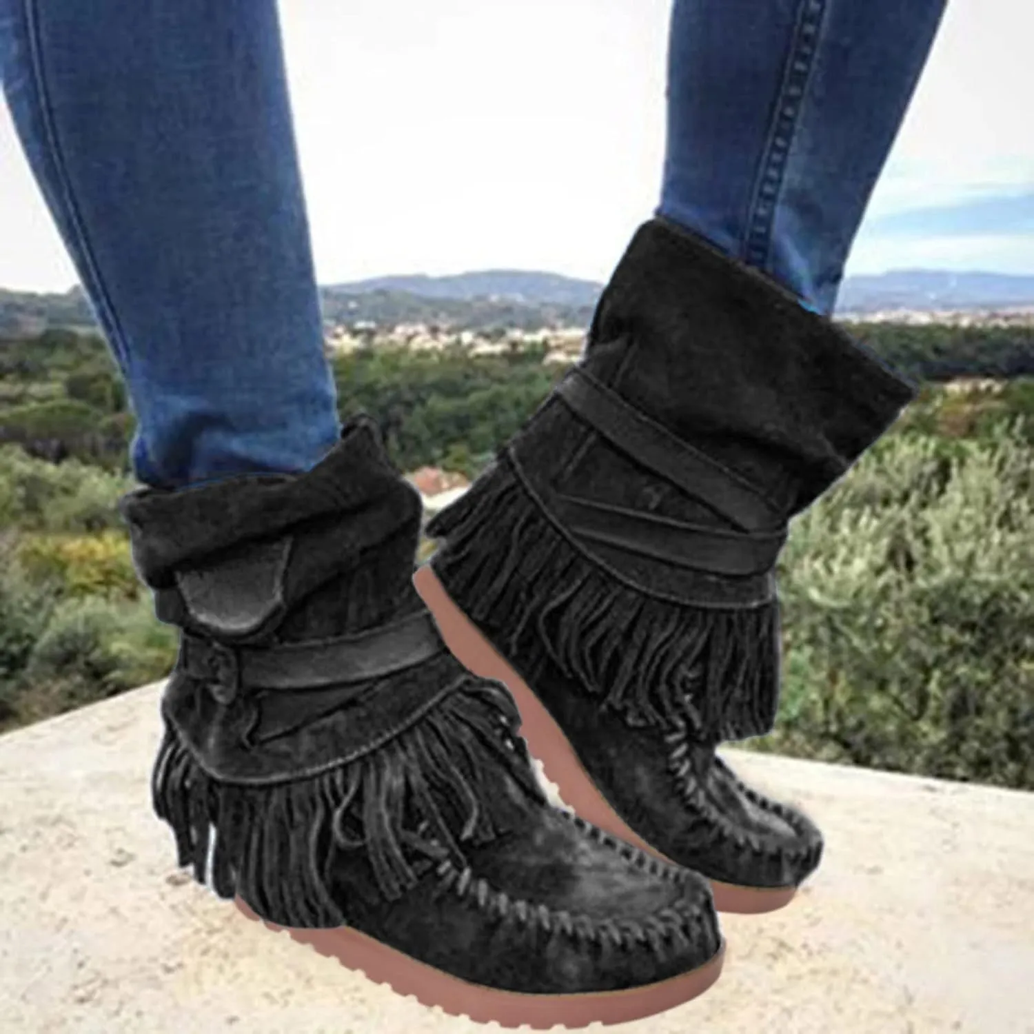 Fringe Cowboy Boots For Women Suede Ankle Boots Moccasin Boots Low Heel Slouch Boots Comfy Flat Western Shoes