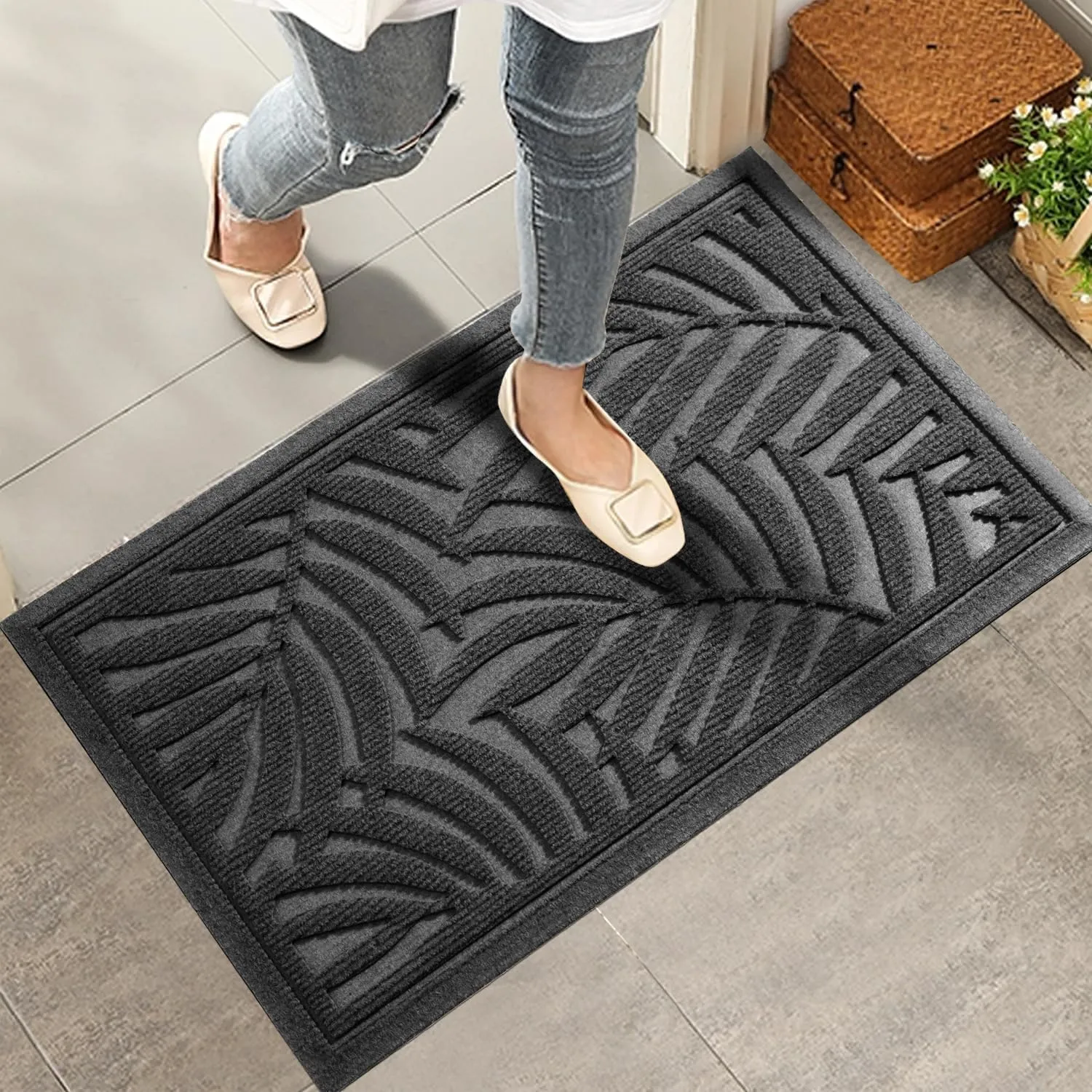 Front Door Mat, Absorbent Resist Dirt Welcome Door Mat Indoor Outdoor, Waterproof Doormat, Sturdy Non Slip Backing, Fade Resistant, Low Profile Entry Mat for Entryway, 29×17, Grey