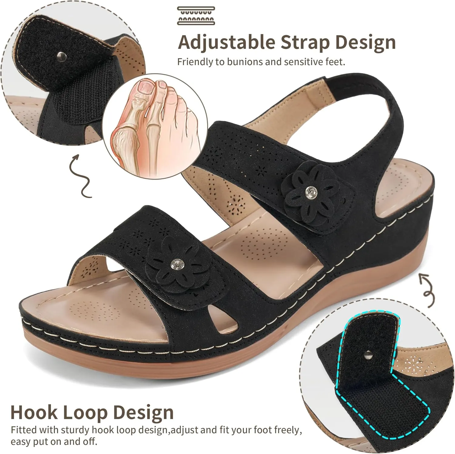 FUDYNMALC Sandals for Women Orthopedic Shoes: Comfortable Dressy Womens Wedge Sandal Summer Walking Wedges - Casual Platform Sandals with Adjustable Hook Loop