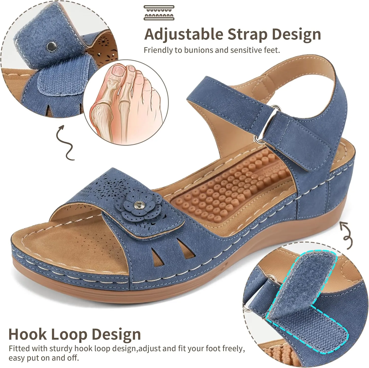 FUDYNMALC Sandals for Women Orthopedic Shoes: Comfortable Dressy Womens Wedge Sandal Summer Walking Wedges - Casual Platform Sandals with Adjustable Hook Loop