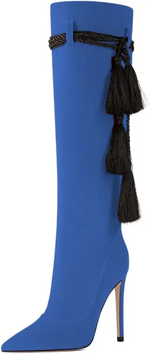FYS Women Fashion Winter Pointed Toe Stiletto High Heel Pull on Knee High Boots Tassel Lace up Suede Long Boots Dress Shoes Size 4-15 US