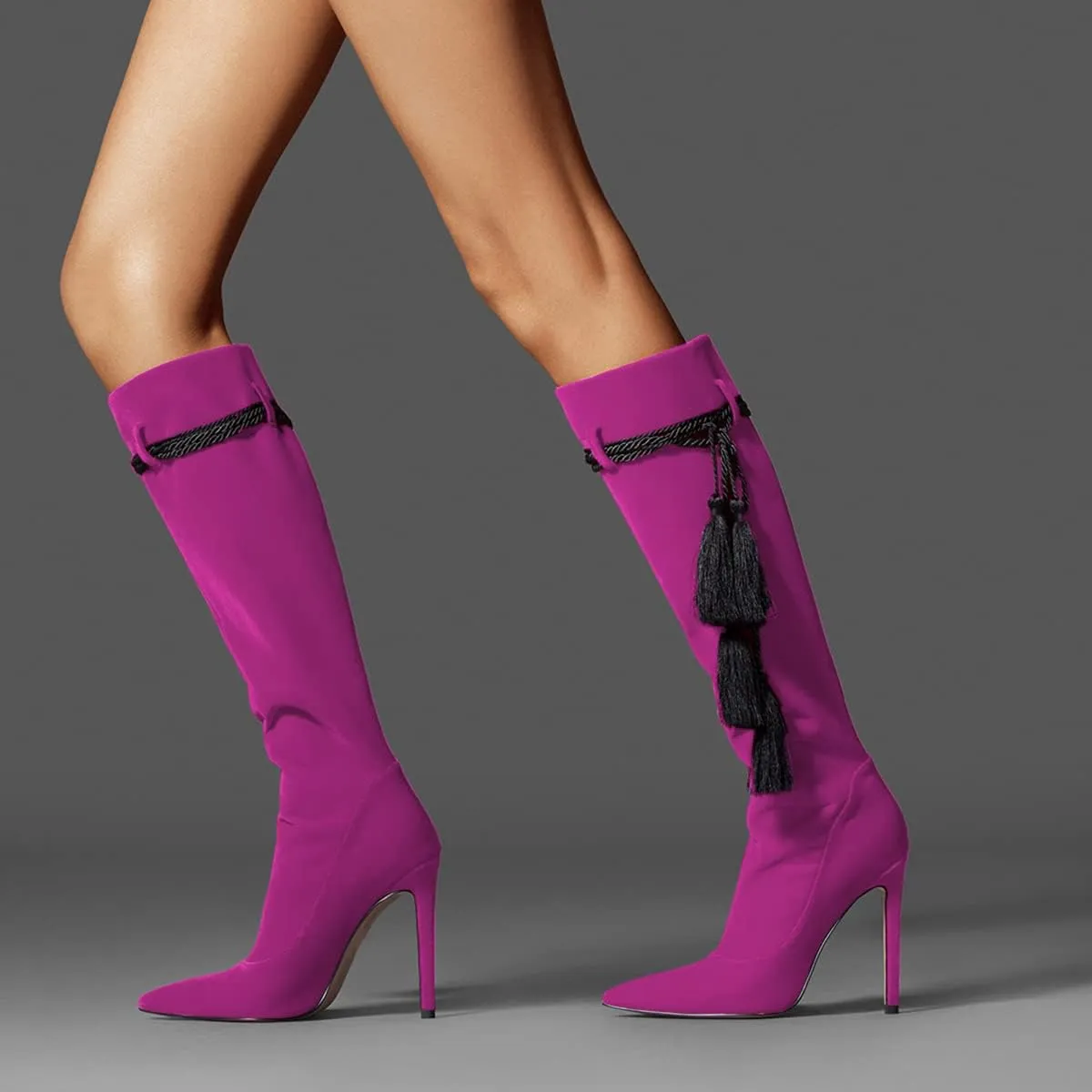 FYS Women Fashion Winter Pointed Toe Stiletto High Heel Pull on Knee High Boots Tassel Lace up Suede Long Boots Dress Shoes Size 4-15 US