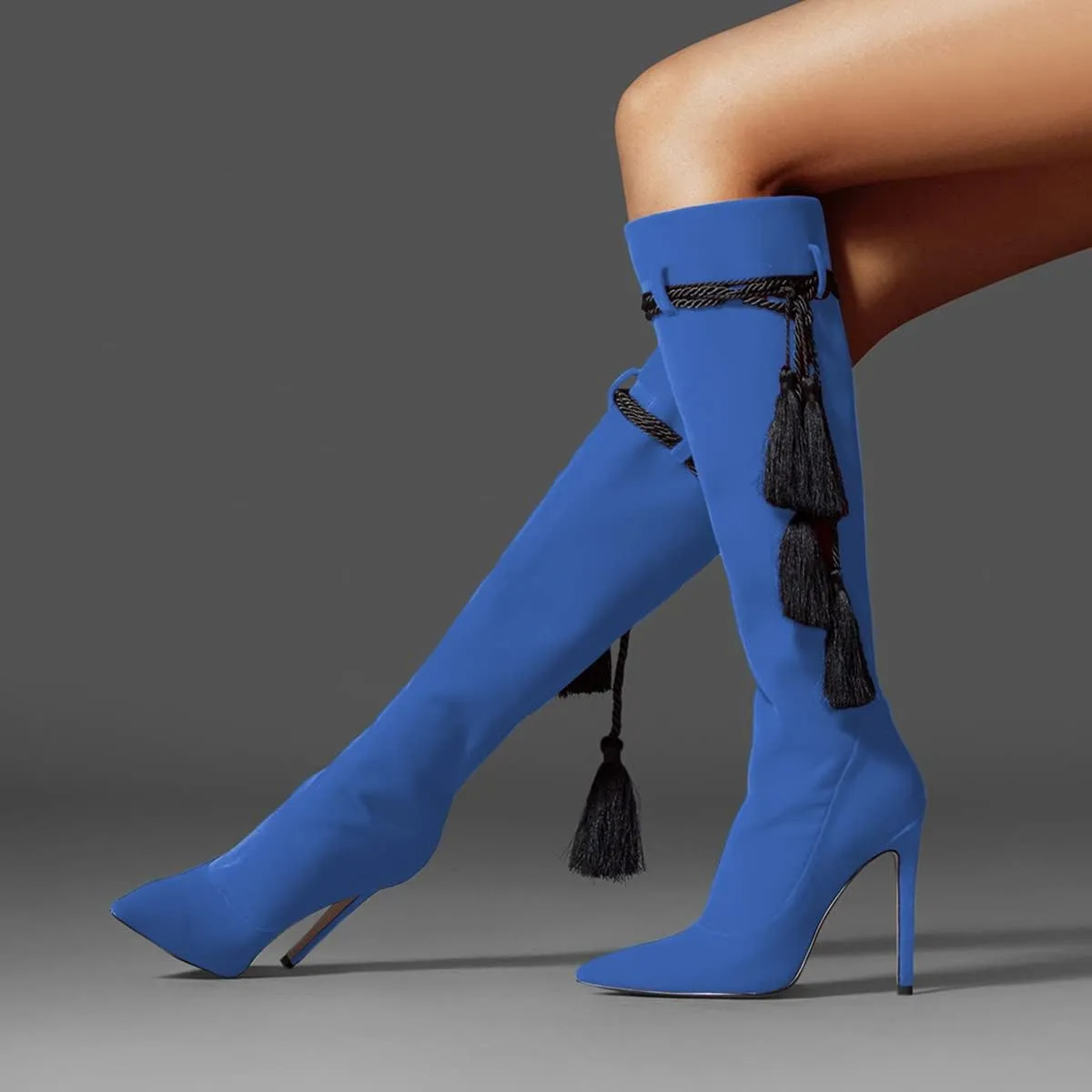 FYS Women Fashion Winter Pointed Toe Stiletto High Heel Pull on Knee High Boots Tassel Lace up Suede Long Boots Dress Shoes Size 4-15 US