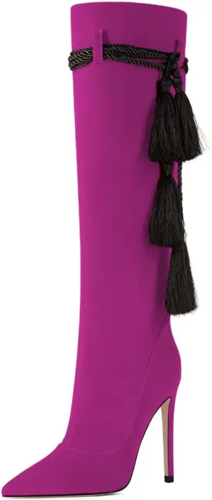 FYS Women Fashion Winter Pointed Toe Stiletto High Heel Pull on Knee High Boots Tassel Lace up Suede Long Boots Dress Shoes Size 4-15 US