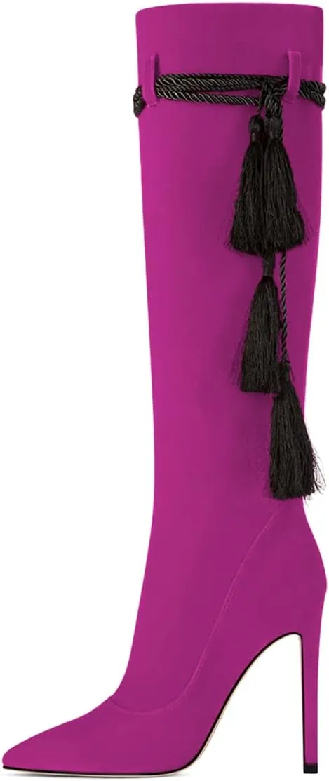 FYS Women Fashion Winter Pointed Toe Stiletto High Heel Pull on Knee High Boots Tassel Lace up Suede Long Boots Dress Shoes Size 4-15 US
