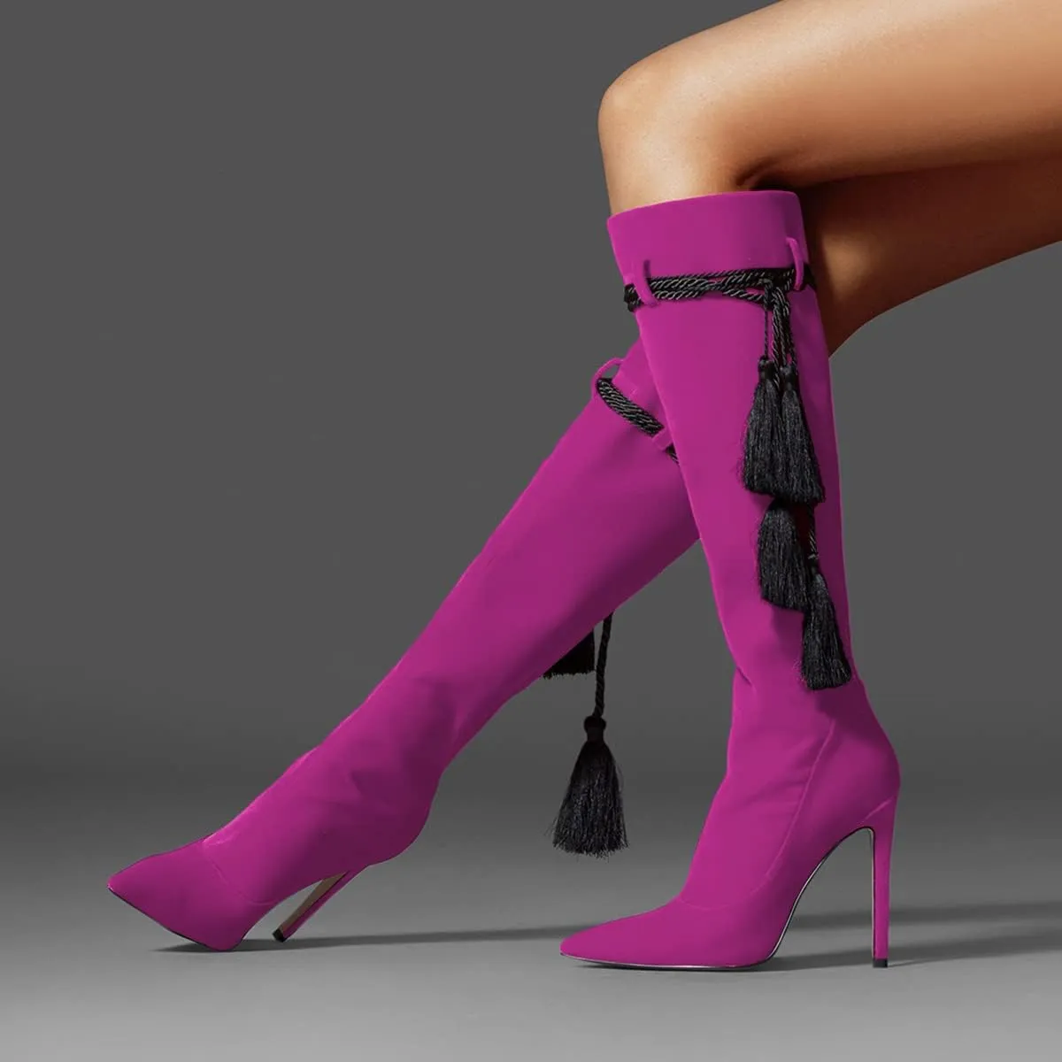 FYS Women Fashion Winter Pointed Toe Stiletto High Heel Pull on Knee High Boots Tassel Lace up Suede Long Boots Dress Shoes Size 4-15 US