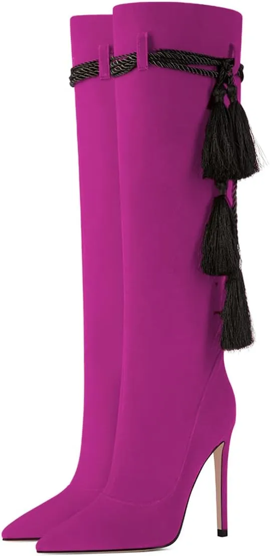 FYS Women Fashion Winter Pointed Toe Stiletto High Heel Pull on Knee High Boots Tassel Lace up Suede Long Boots Dress Shoes Size 4-15 US