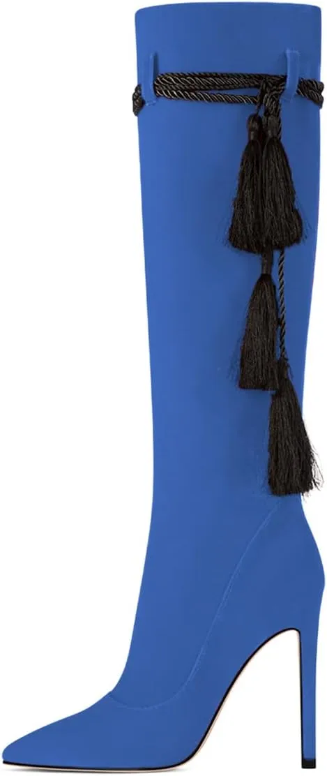 FYS Women Fashion Winter Pointed Toe Stiletto High Heel Pull on Knee High Boots Tassel Lace up Suede Long Boots Dress Shoes Size 4-15 US
