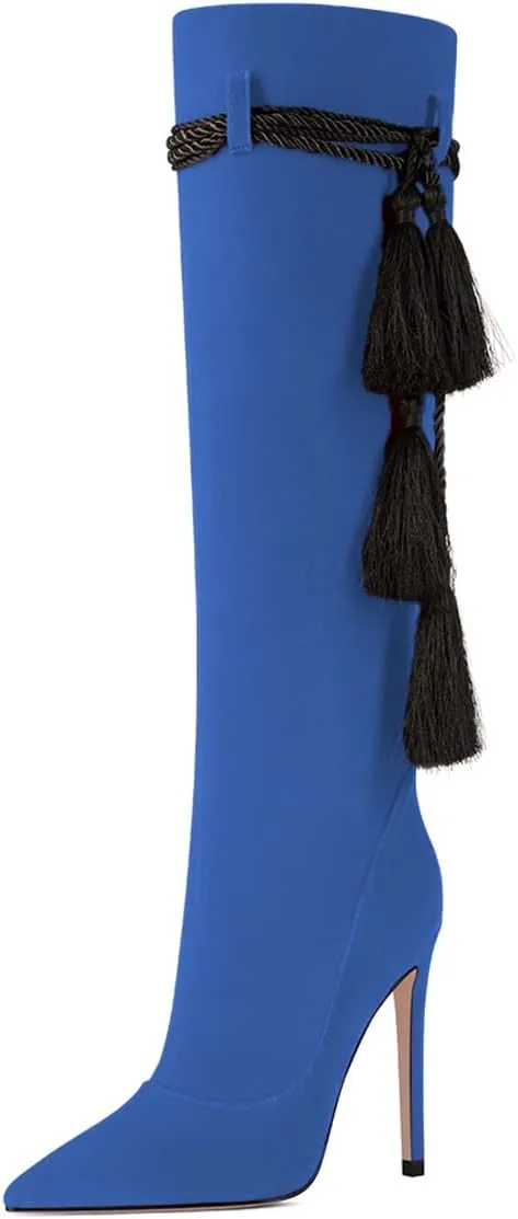FYS Women Fashion Winter Pointed Toe Stiletto High Heel Pull on Knee High Boots Tassel Lace up Suede Long Boots Dress Shoes Size 4-15 US