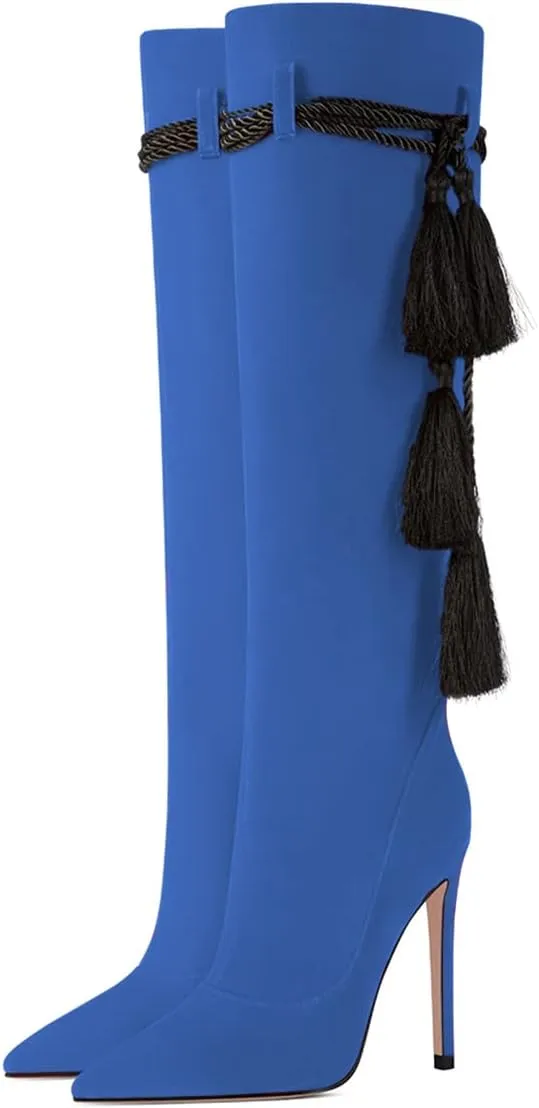 FYS Women Fashion Winter Pointed Toe Stiletto High Heel Pull on Knee High Boots Tassel Lace up Suede Long Boots Dress Shoes Size 4-15 US