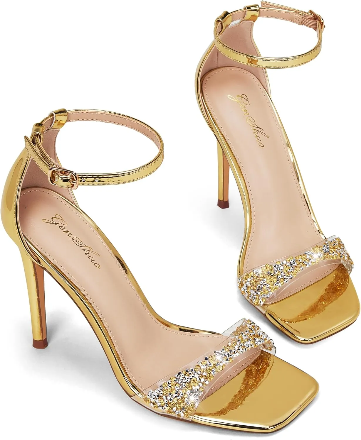 GENSHUO Sparkling Heeled Sandals for Women Clear Open Toe with Rhinestones Heels for Weddings Party Proms