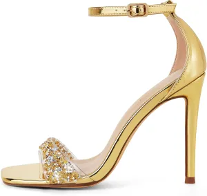 GENSHUO Sparkling Heeled Sandals for Women Clear Open Toe with Rhinestones Heels for Weddings Party Proms