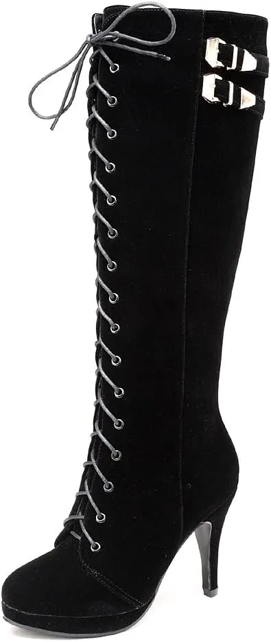 getmorebeauty Womens Knee High Boots Suede Buckle Rock Lace Up Zipped Thigh High Heel Boots
