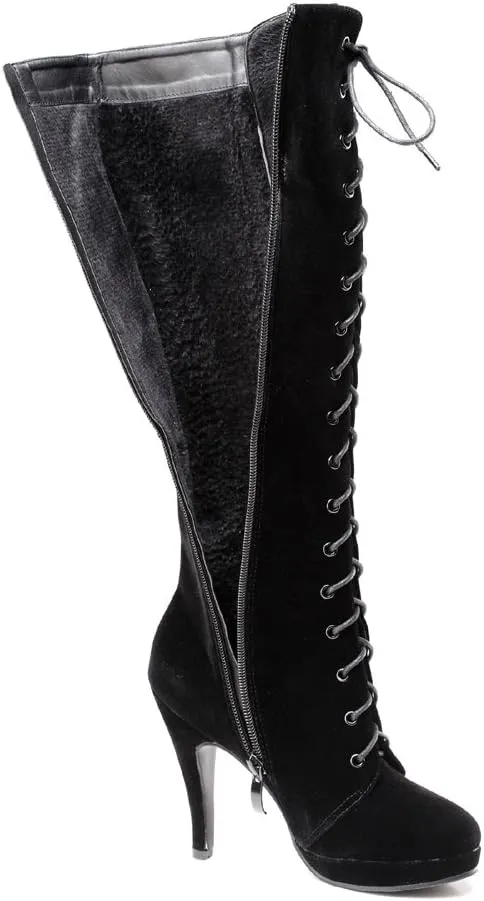 getmorebeauty Womens Knee High Boots Suede Buckle Rock Lace Up Zipped Thigh High Heel Boots