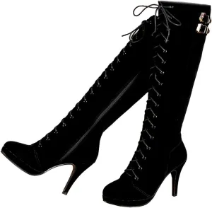 getmorebeauty Womens Knee High Boots Suede Buckle Rock Lace Up Zipped Thigh High Heel Boots