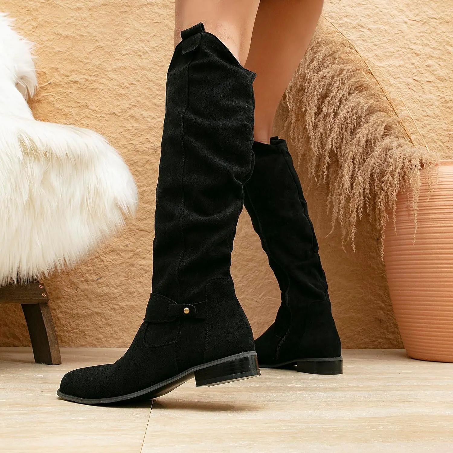 getmorebeauty Women's Winter Boots Knee High Boots Flat Suede Side Zipper Thigh High Boots