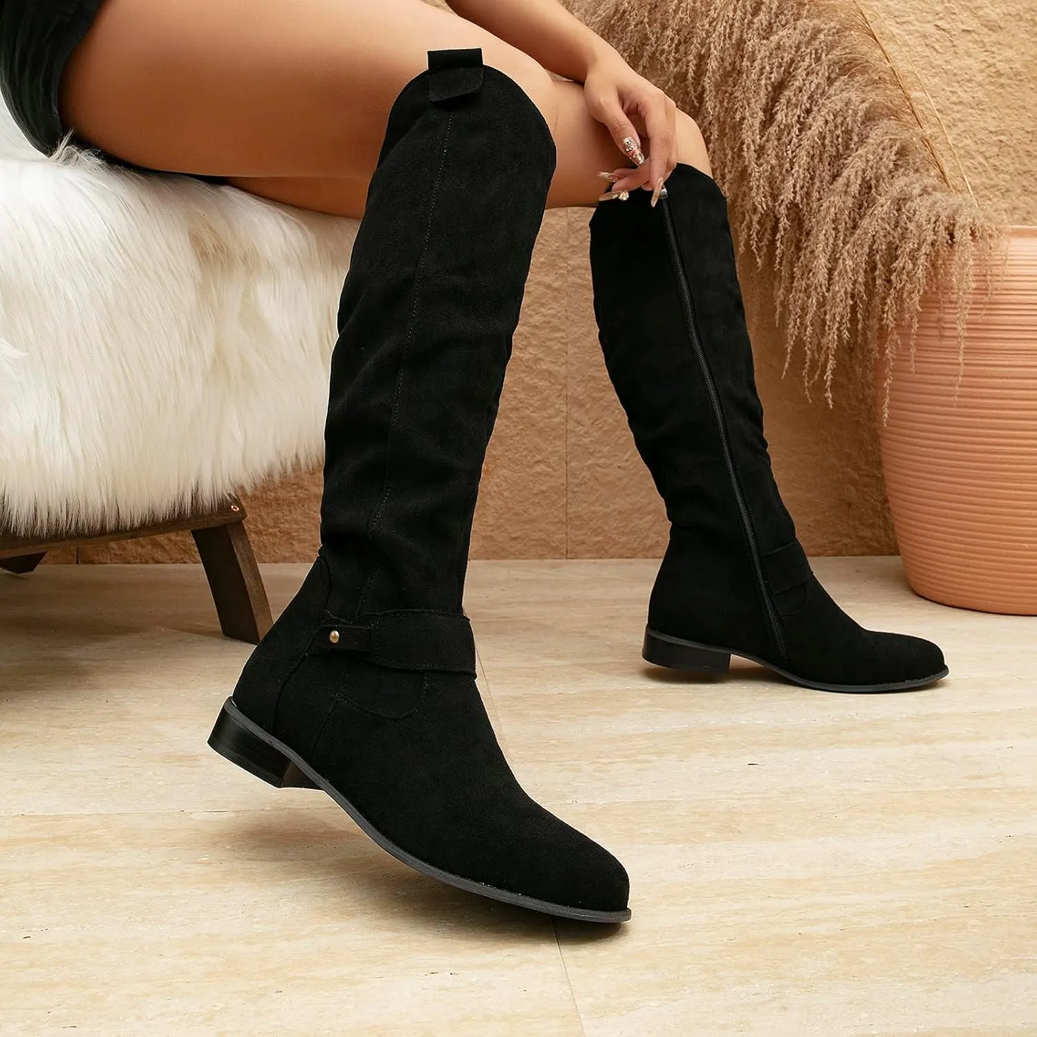 getmorebeauty Women's Winter Boots Knee High Boots Flat Suede Side Zipper Thigh High Boots