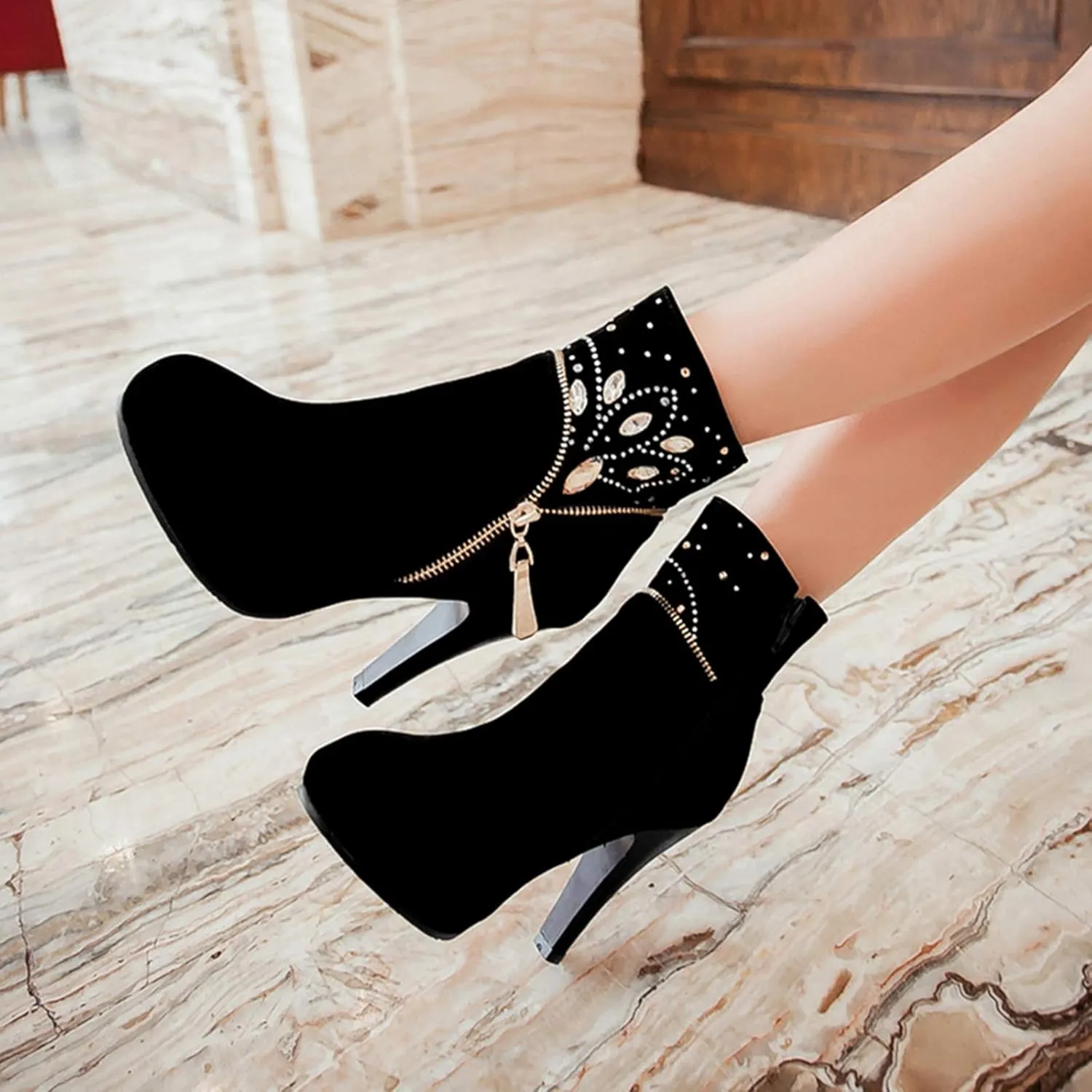 Gicoiz Women Elegant High Heels Suede Platform Ankle Boots