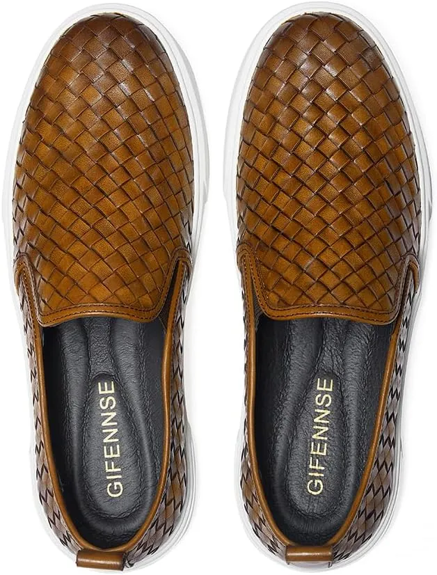 GIFENNSE Men's Hand-Woven Leather Casual Loafers Sneakers