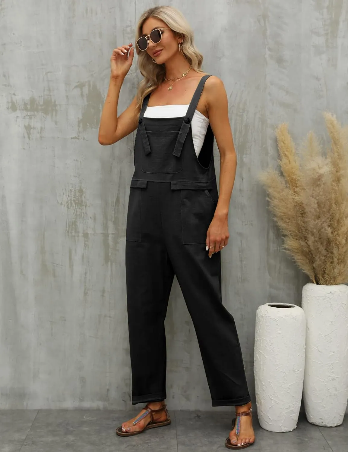 Gihuo Women's Linen Overalls Loose Fit Baggy Bib Wide Leg Jumpsuits Casual Summer Outfits Trendy 2025