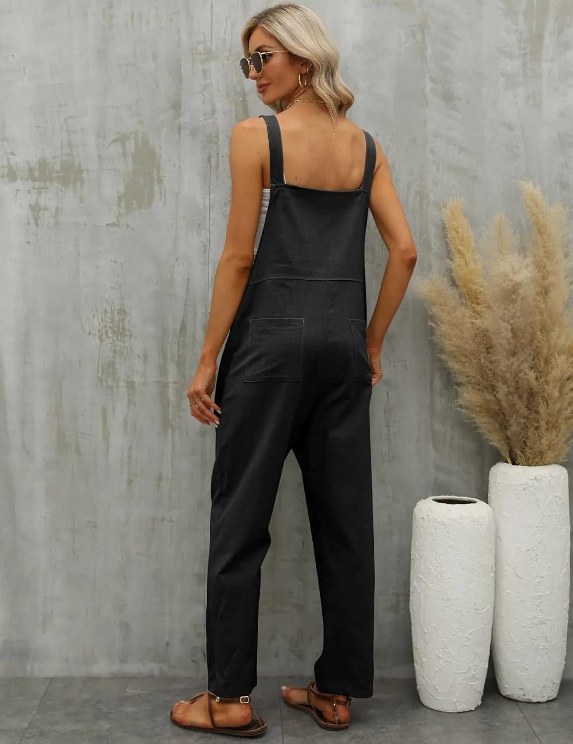 Gihuo Women's Linen Overalls Loose Fit Baggy Bib Wide Leg Jumpsuits Casual Summer Outfits Trendy 2025