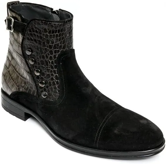 Giovanni Conti 3338-01 Mens Black suede & Khali crocodile print leather zip up boots.