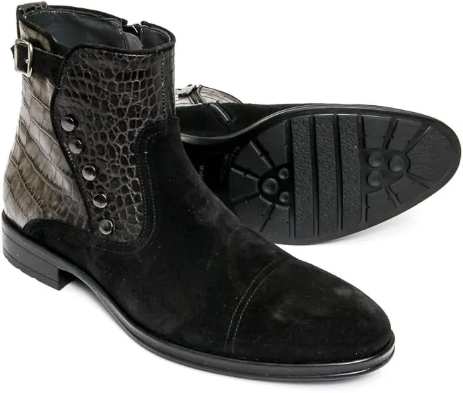 Giovanni Conti 3338-01 Mens Black suede & Khali crocodile print leather zip up boots.