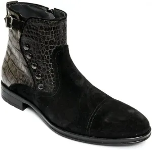 Giovanni Conti 3338-01 Mens Black suede & Khali crocodile print leather zip up boots.