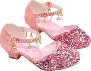 Girl Sequin Shoe Bow Wedding Sandals Bowknot Mary Jane Dress Shoes High Heels Shiny Sandals Glitter Flat Shoes