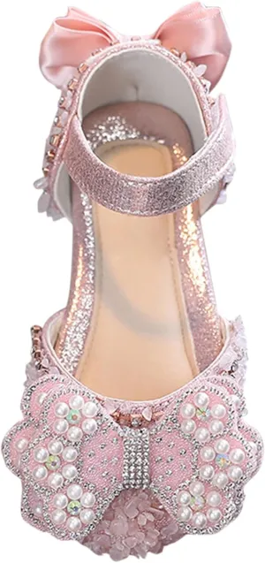 Girls Dress Shoes Cute Bow Mary Jane Shoes Ballerina with Satin Ankle Tie for Wedding Birthday Party Baby Swim Shoes (Pink, 7.5 Toddler)
