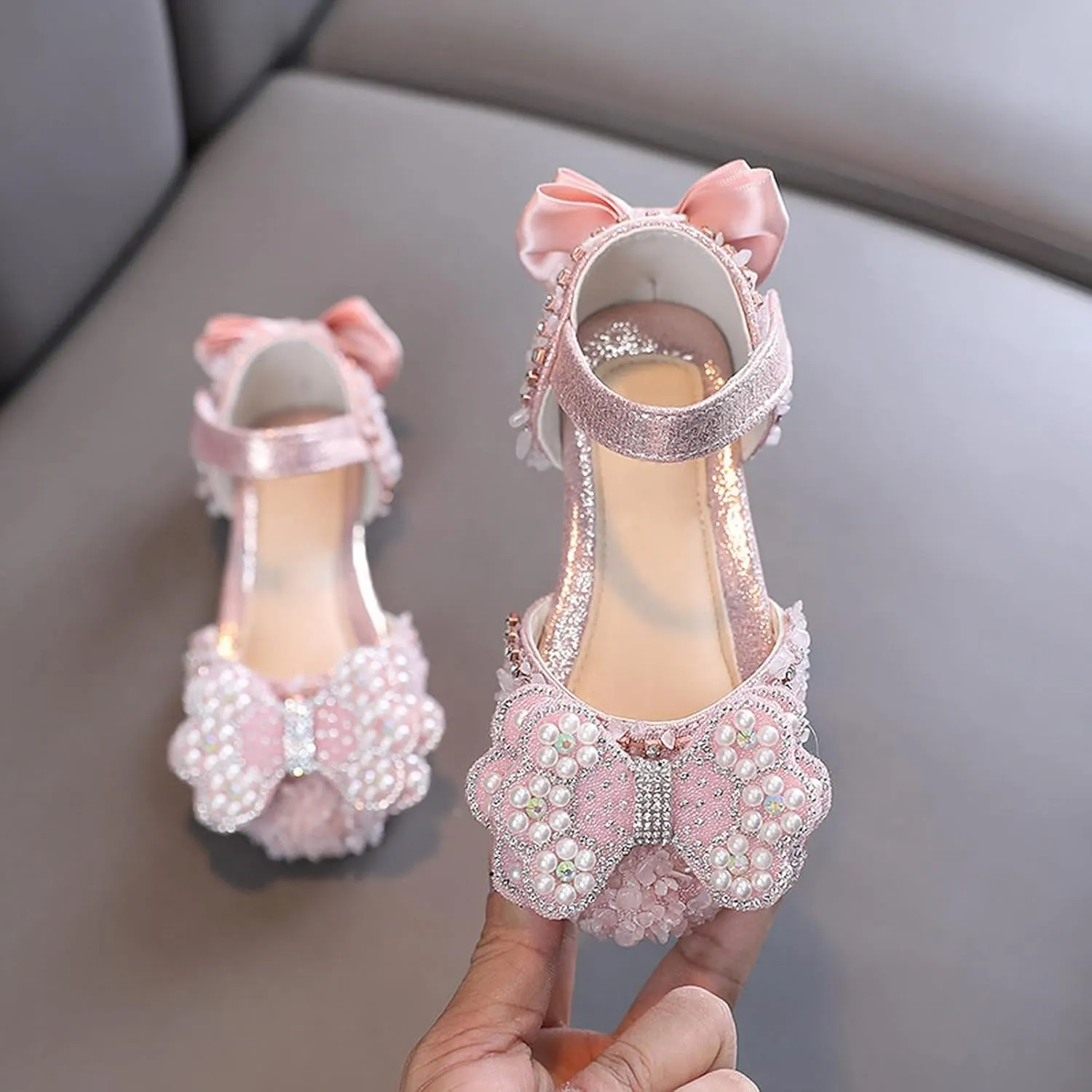 Girls Dress Shoes Cute Bow Mary Jane Shoes Ballerina with Satin Ankle Tie for Wedding Birthday Party Baby Swim Shoes (Pink, 7.5 Toddler)
