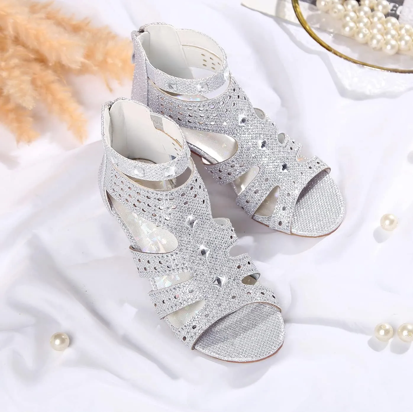 Girls High Heels Dress Pump Sandals Glitter Wedding Flower Party Princess Shoes for Kids Toddler