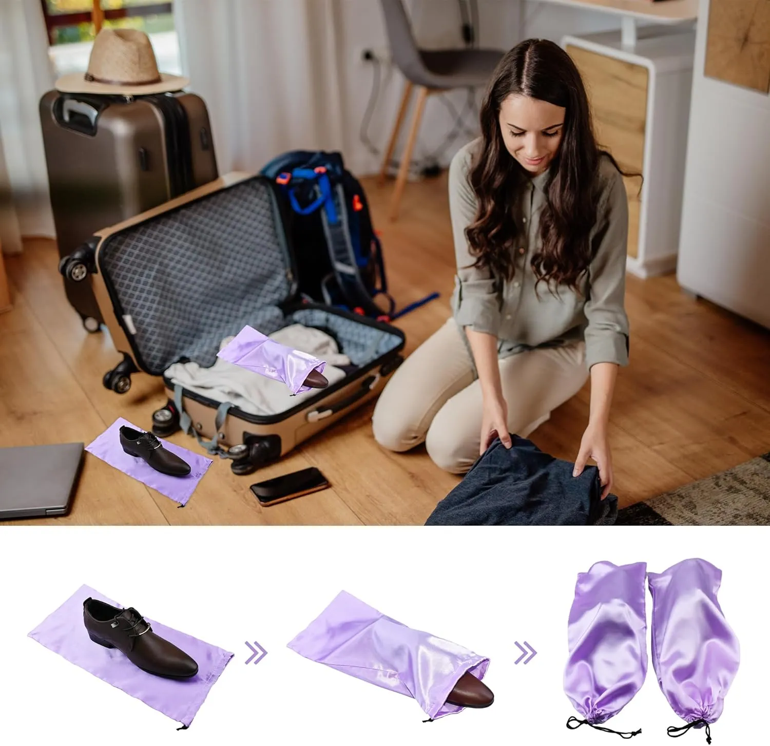 GONGKANGYUAN 10 Pack Shoe Bags for Travel Satin Fabric Shoe Bag with Drawstring for Men Women Travel Protecting Storing Shoes (Grey)