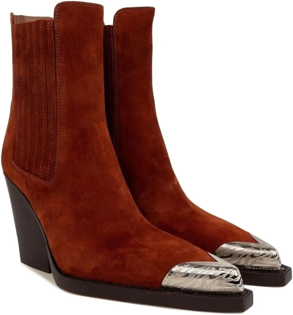 Goolita Suede Western Cowboy Boots For Women Metal Pointed Toe Stacked Block Heel Cowgirl Ankle Boots Vintage Slip On Short Booties