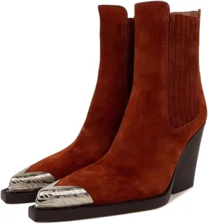 Goolita Suede Western Cowboy Boots For Women Metal Pointed Toe Stacked Block Heel Cowgirl Ankle Boots Vintage Slip On Short Booties