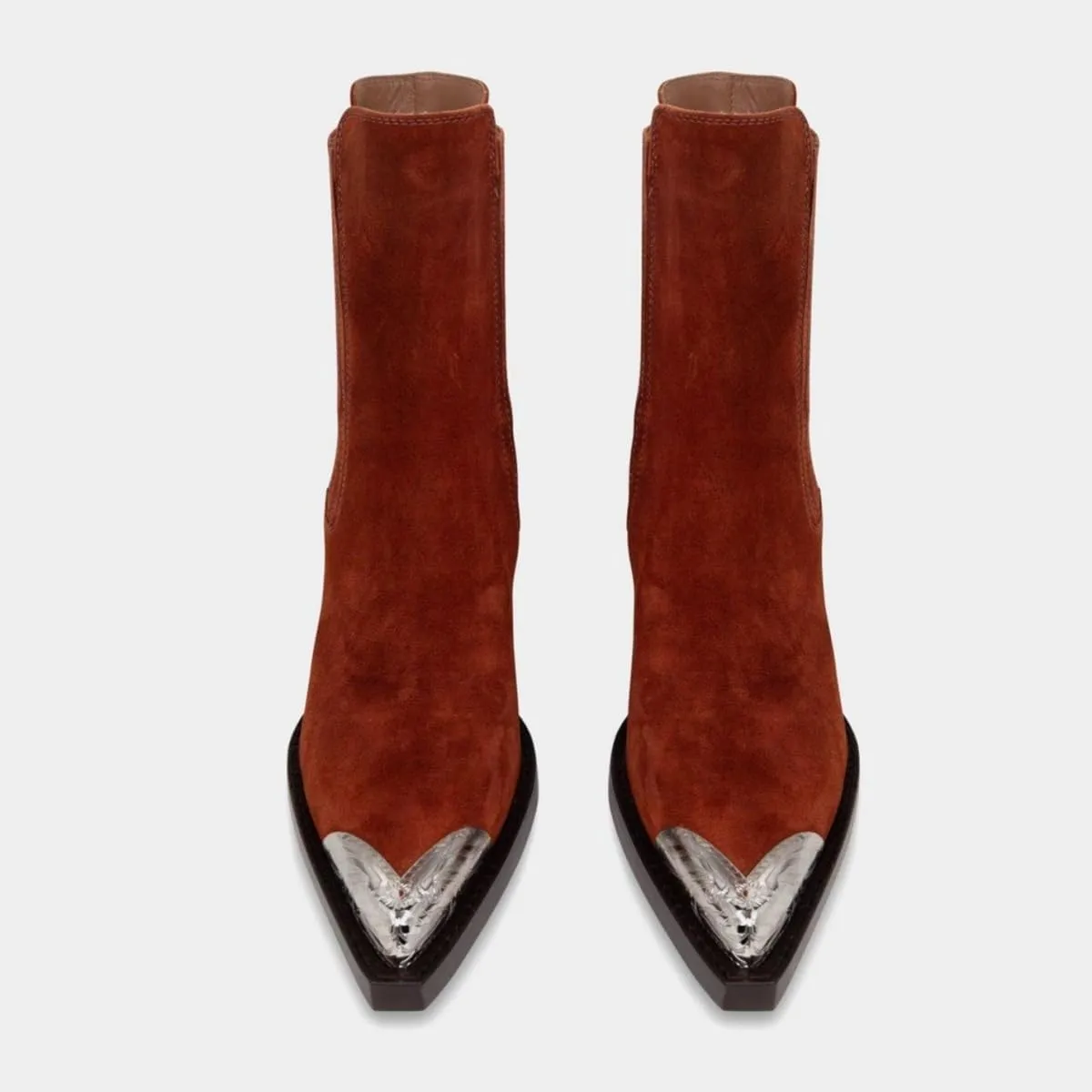 Goolita Suede Western Cowboy Boots For Women Metal Pointed Toe Stacked Block Heel Cowgirl Ankle Boots Vintage Slip On Short Booties