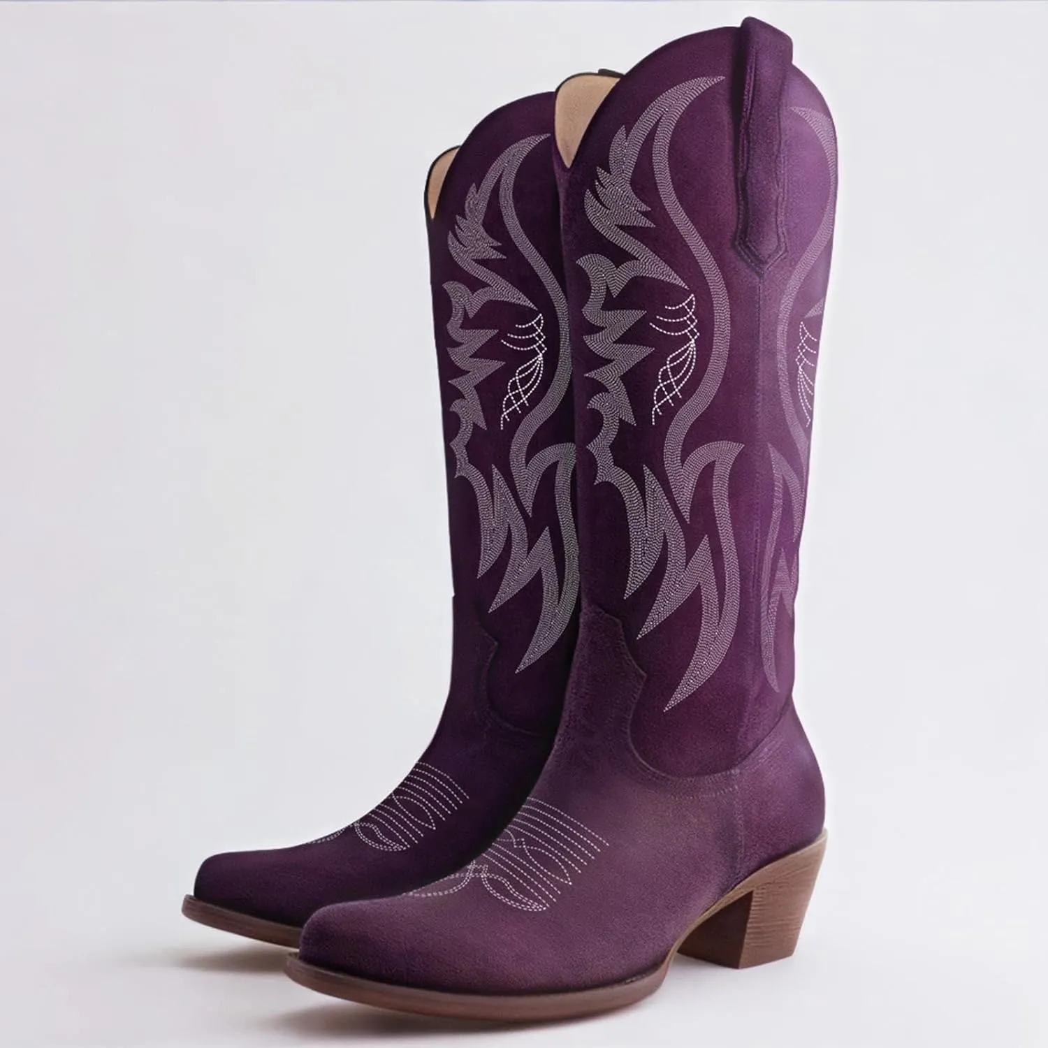 GORBINETI Women’s Western Cowboy Boots Embroidered Suede Mid Calf Pointed Toe Cowgirl Knee High Heel Boots Pull On Chunky Black