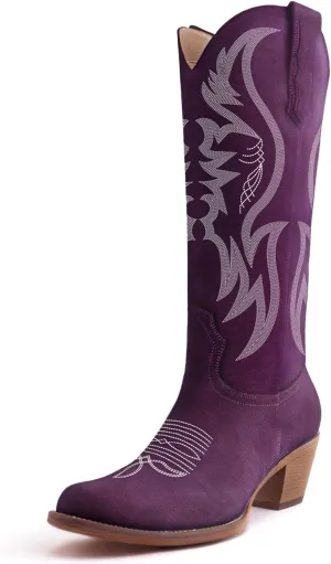 GORBINETI Women’s Western Cowboy Boots Embroidered Suede Mid Calf Pointed Toe Cowgirl Knee High Heel Boots Pull On Chunky Black