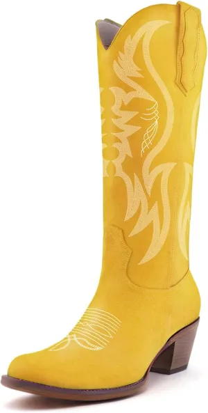 GORBINETI Women’s Western Cowboy Boots Embroidered Suede Mid Calf Pointed Toe Cowgirl Knee High Heel Boots Pull On Chunky Black